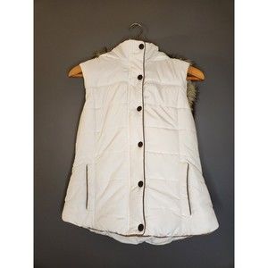 Prince & Fox Puffer Vest Women's L Zip Up Snap White Hooded Faux Fur